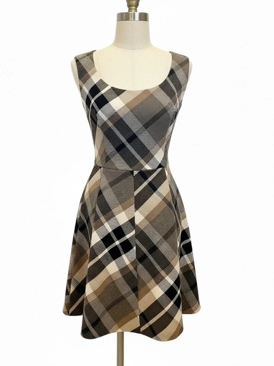 Burberry Sleeveless Plaid Midi Dress in Beige, Black and Brown - Picture 2 of 7